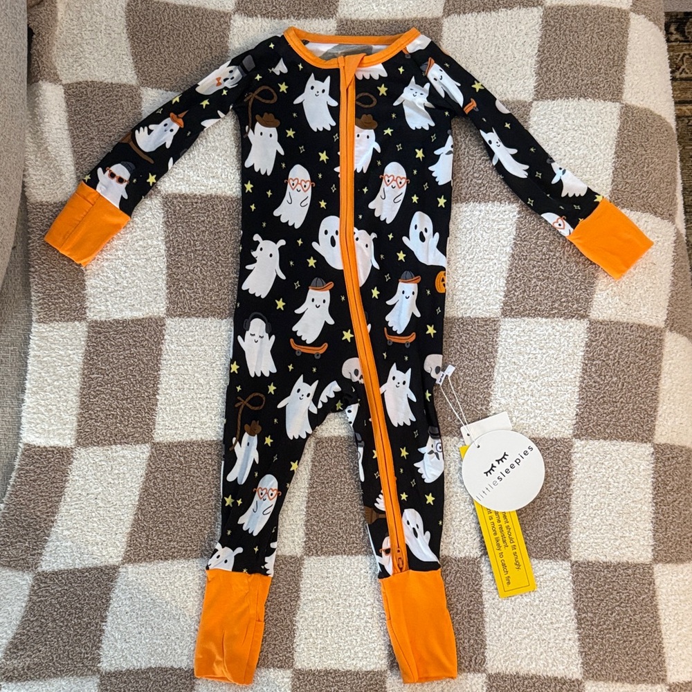Little Sleepies Halloween Ghost Kids Footie - Black and Orange